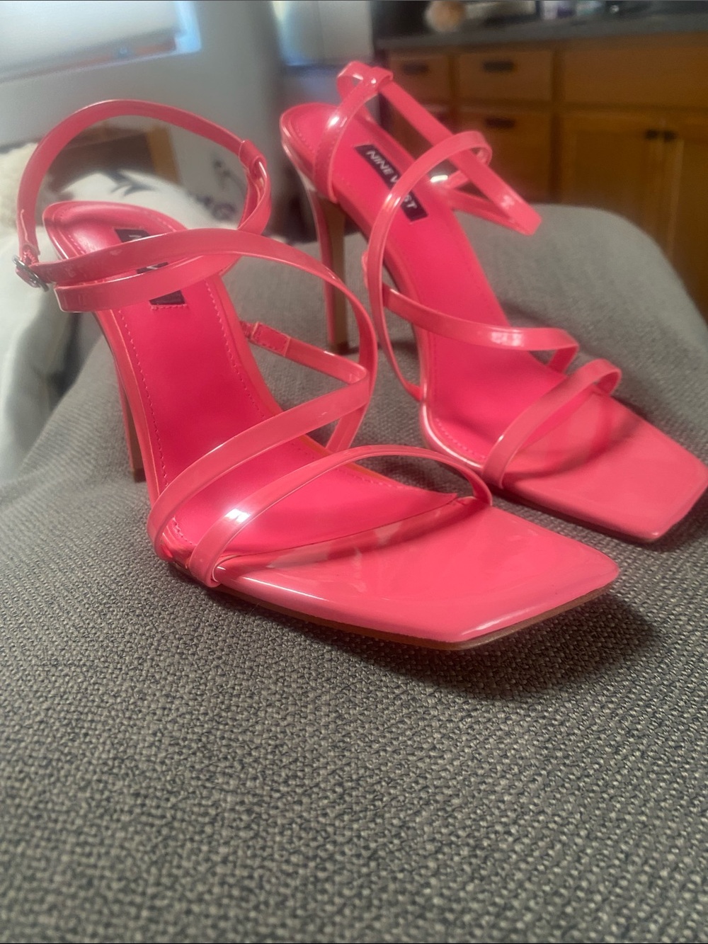 Nine West Tilas Neon Hot Pink Patent Square Strappy High-Heel Sandals